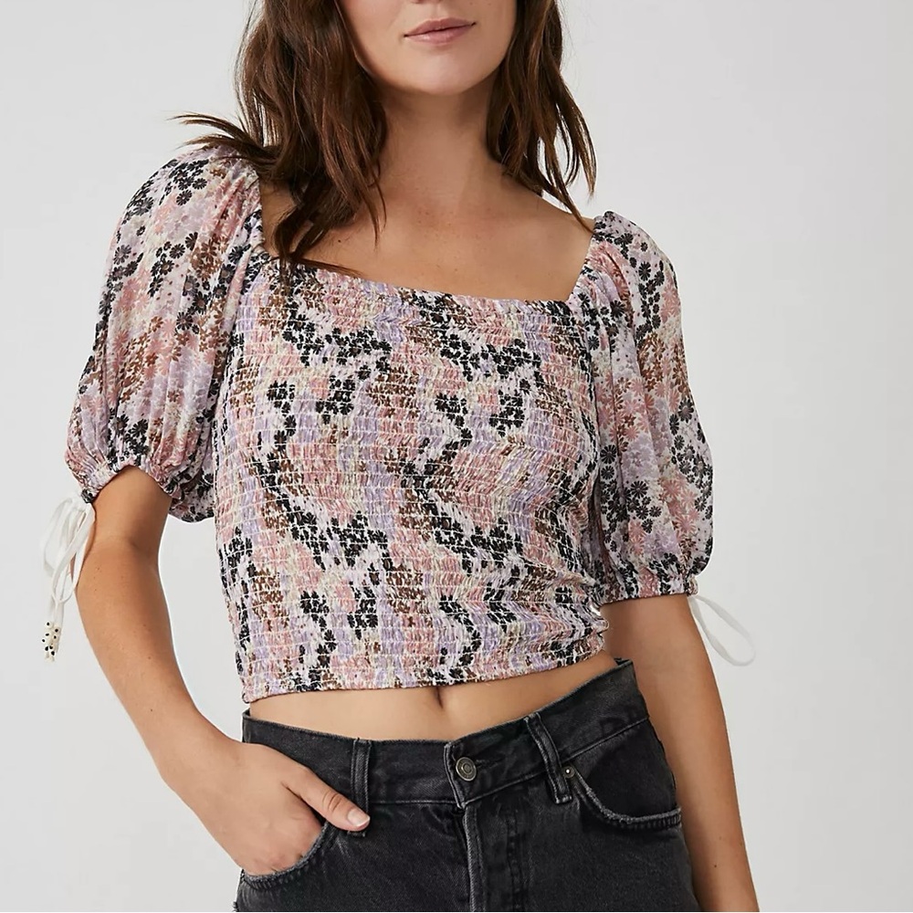 Free People Lilac and Black Floral Smocked Puff Sleeve Top